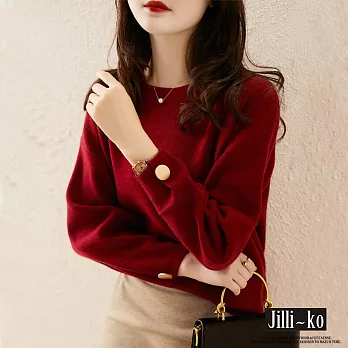 【Jilli~ko】時尚圓扣造型針織衫 J8525　 FREE 紅色
