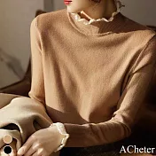 【ACheter】精巧心思鉤花法式立領羊絨感針織衫上衣#111251- F 駝