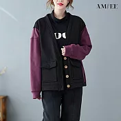 【AMIEE】撞色加絨排扣翻蓋口袋外套(KDC-635) L 紫色