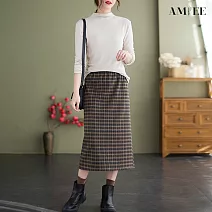 【AMIEE】甜美側開衩格紋直筒半身裙(KDS-6285) M 咖啡