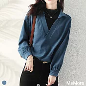 【MsMore】街頭風個性拼接假兩件襯衫百搭上衣#111341- XL 藍