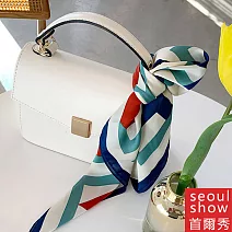 seoul show首爾秀 幾何圖案百搭頭巾仿蠶絲方領巾雪紡絲巾  藍綠