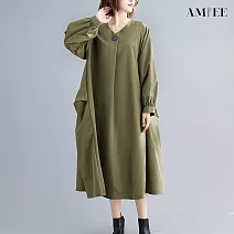 【AMIEE】設計蓬蓬感大裙擺洋裝(KDD-9492) L 軍綠色
