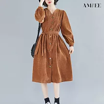【AMIEE】甜美排扣燈芯絨綁帶洋裝(KDD-8951) L 焦糖色