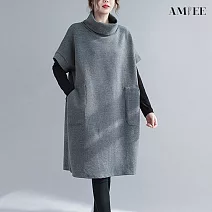 【AMIEE】簡約高領大口袋寬鬆洋裝(KDD-2309) L 灰色