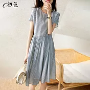 【初色】清爽條紋連身裙-藍色-99559(M-2XL可選) M 藍色