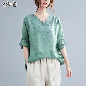 【初色】寬鬆棉麻刺繡上衣-共2色-90291(M-2XL可選) M 綠色
