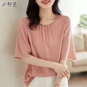 【初色】時尚鑲鑽五分袖上衣-共2色-99872(M-2XL可選) M 粉色