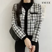 【AMIEE】小香風格紋短版外套(KDC-8853) S 白色