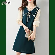 【初色】法式拼接優雅寬鬆連衣裙-墨綠色-90646(M-XL可選) M 墨綠色