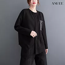 【AMIEE】不規則設計款輕熟風長袖上衣(KDT-9055) L 黑色