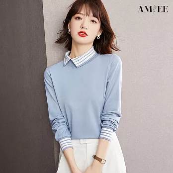【AMIEE】翻領拼接時尚七分袖上衣(KDT-6019) M 淺藍色