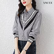 【AMIEE】輕熟設計風拼接襯衫(KDT-6165) S 灰色
