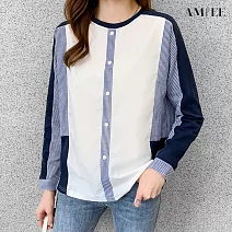 【AMIEE】設計OL拼接襯衫(KDT-9506) M 寶藍色