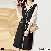 【MsMore】韓版百搭氣質小香風襯衫拼接假兩件洋裝#111600- L 黑