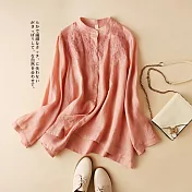 【ACheter】大碼棉麻刺繡文藝寬鬆顯瘦襯衫#111654- XL 粉紅