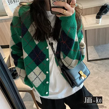 【Jilli~ko】復古學院風菱格針織外套 J8636　 FREE 綠色