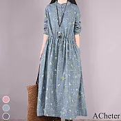 【ACheter】小碎花收腰顯瘦系帶褶皺寬鬆大碼棉麻洋裝#111678- L 藍