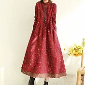 【ACheter】森林系復古風碎花蕾絲邊收腰顯瘦寬鬆洋裝#111752- XL 紅