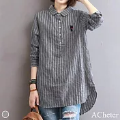 【ACheter】日系文藝刺繡條紋大碼襯衫上衣#11673- L 灰