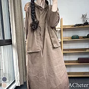 【ACheter】春裝文藝大碼氣質連帽棉麻工裝口袋寬鬆簡約洋裝#111748- L 卡其