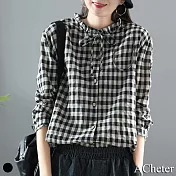 【ACheter】韓版木耳領系帶棉麻文藝格子襯衫上衣#111757- L 格子