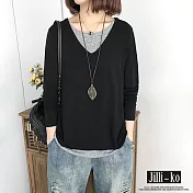 【Jilli~ko】假兩件疊穿拼接寬鬆T恤 XL-XXL 766　 2XL 黑色