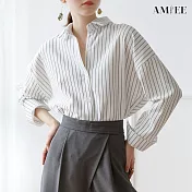 【AMIEE】條紋氣質翻領襯衫(KDT-7780) S 白色