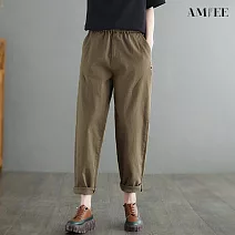 【AMIEE】簡約高腰寬鬆直筒長褲(KDP-6228) M 卡其色
