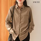 【AMIEE】復古簡約棉麻襯衫(KDT-6218) M 咖啡色