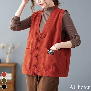 【ACheter】復古純棉寬鬆純色開衫V領背心外套#111800- M 紅