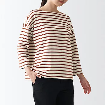 [MUJI無印良品]女有機棉粗織天竺船領七分袖T恤 M-L 磚紅橫紋