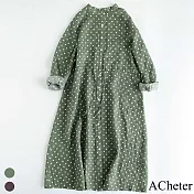 【ACheter】春裝新款文藝休閒波點收腰系帶寬鬆顯瘦襯衫洋裝#111790- L 綠