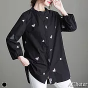 【ACheter】愛心刺繡棉麻純色舒適襯衫上衣#111823- XL 黑