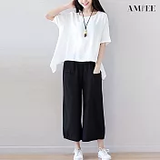 【AMIEE】休閒舒適兩件套裝(上衣+寬褲)(KDA-1831) L 白衣黑褲