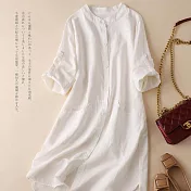 【ACheter】春季新款素雅立領挽袖棉麻襯衫外罩#111795- XL 白