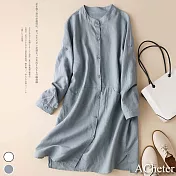 【ACheter】春季新款素雅立領挽袖棉麻襯衫外罩#111795- L 藍