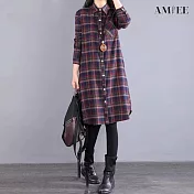 【AMIEE】復古寬鬆格子棉麻襯衫洋裝(KDD-6008) M 藏青