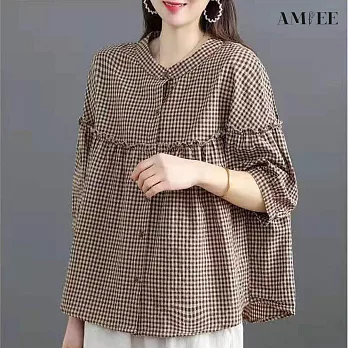 【AMIEE】日系寬鬆顯瘦棉麻襯衫(KDT-6010) M 咖啡格