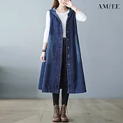 【AMIEE】韓版寬鬆長款牛仔連帽馬甲背心(KDC-9876) L 藍色