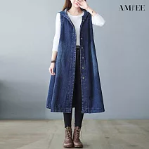 【AMIEE】韓版寬鬆長款牛仔連帽馬甲背心(KDC-9876) L 藍色