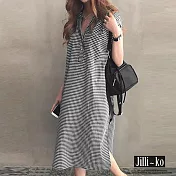 【Jilli~ko】格子V領下擺開衩寬鬆短袖中長裙連衣裙 J8755　 FREE 黑格