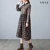 【AMIEE】文藝格紋拼接棉麻顯瘦洋裝(KDD-9186) M 咖啡色
