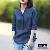 【Jilli~ko】復古文藝休閒襯衫新款棉麻大碼寬鬆立領襯衣 J8723　 FREE 深藍色