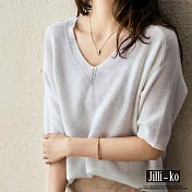 【Jilli~ko】寬鬆慵懶風上衣V領薄款大碼打底半袖毛衣針織衫 J8731  FREE 白色