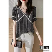 【Jilli~ko】別緻織帶邊垂順桑蠶絲小方格上衣 L-XL J8738　 L 黑色