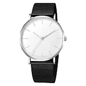 Geneva 日內瓦-沉靜雅致無數字刻度米蘭帶手錶 _銀殼白面黑帶