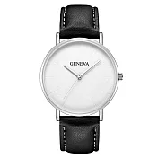 Geneva 日內瓦-漢米爾金屬圓框簡約時標三針手錶 _銀殼白面黑帶