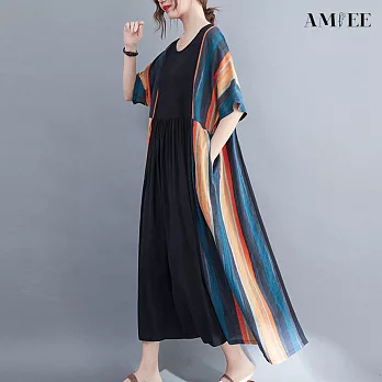 【AMIEE】日系文藝撞色線條棉麻洋裝(KDD-6181B) F 藍橘條紋配黑