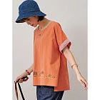 【慢。生活】內裏格紋翻袖刺繡寬版棉麻上衣 2103　 FREE 橘色
